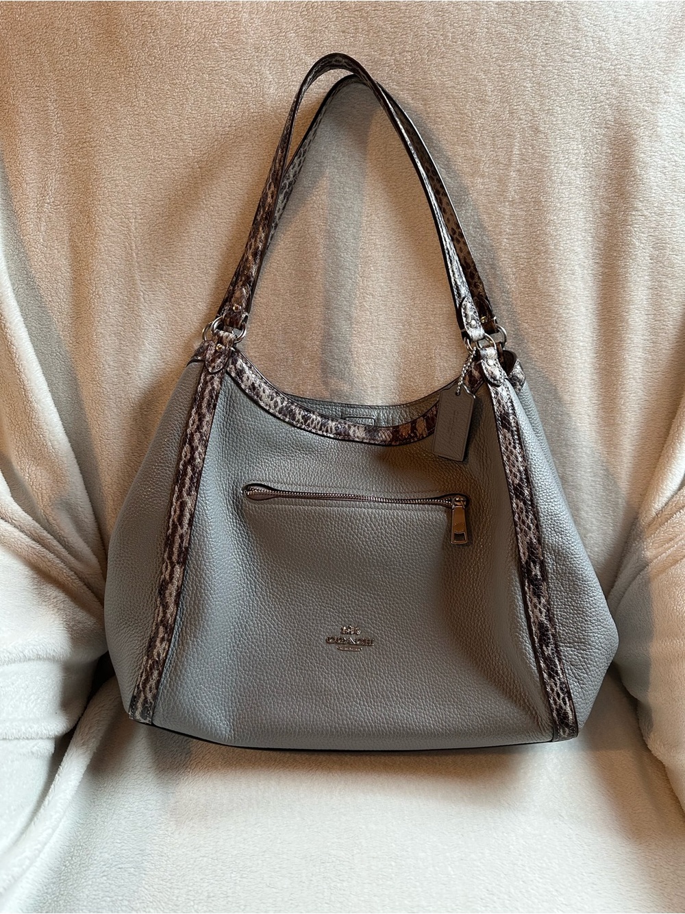 Coach Kristy Shoulder Bag in Light Gray with Snake-Print Trim